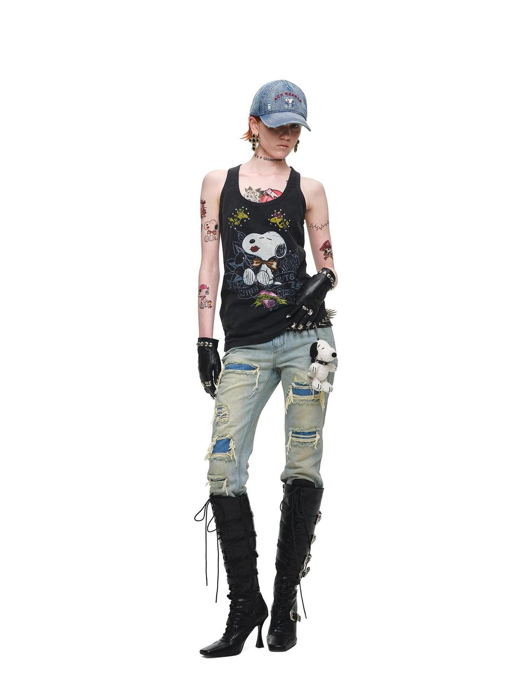 Distressed Double Patch Frayed Faux Rips Women's Pure Cotton Slim Jeans