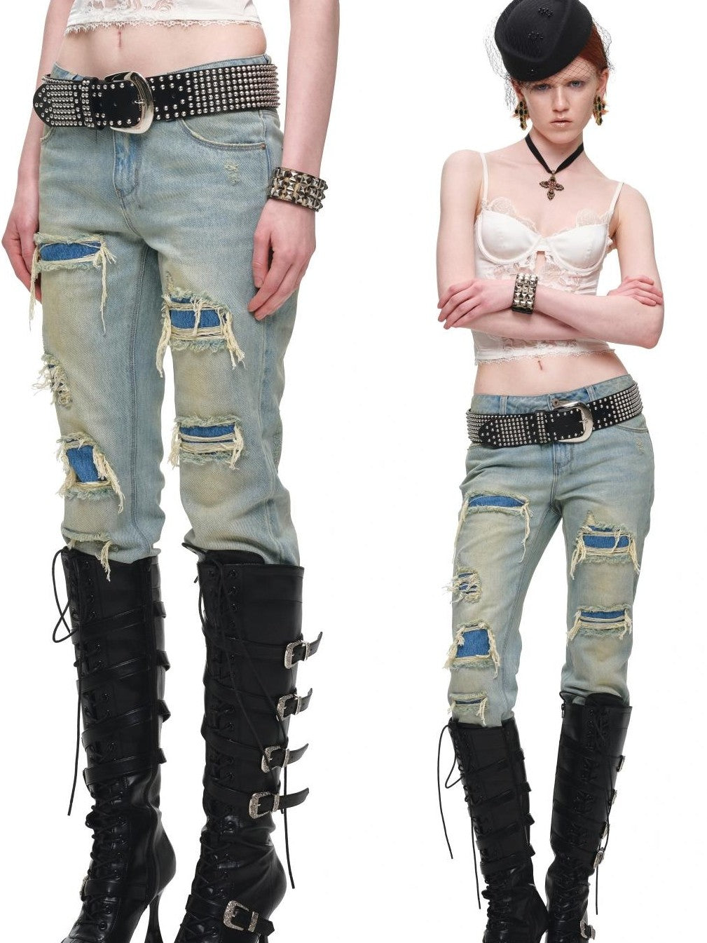 Distressed Double Patch Frayed Faux Rips Women's Pure Cotton Slim Jeans