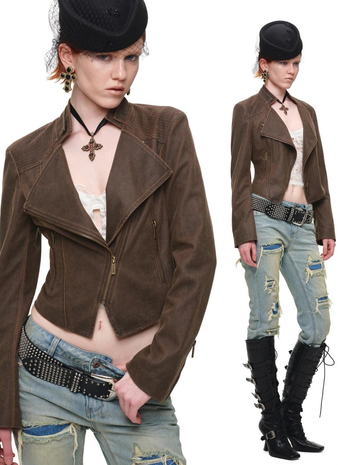 Distressed Double Patch Frayed Faux Rips Women's Pure Cotton Slim Jeans