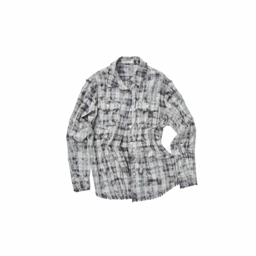 Distressed Frayed Plaid Slim Round Neck Drop Shoulder Women's Cotton Overshirts