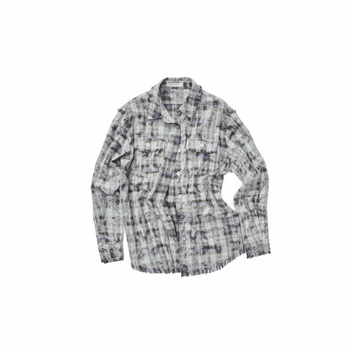 Distressed Frayed Plaid Slim Round Neck Drop Shoulder Women's Cotton Overshirts