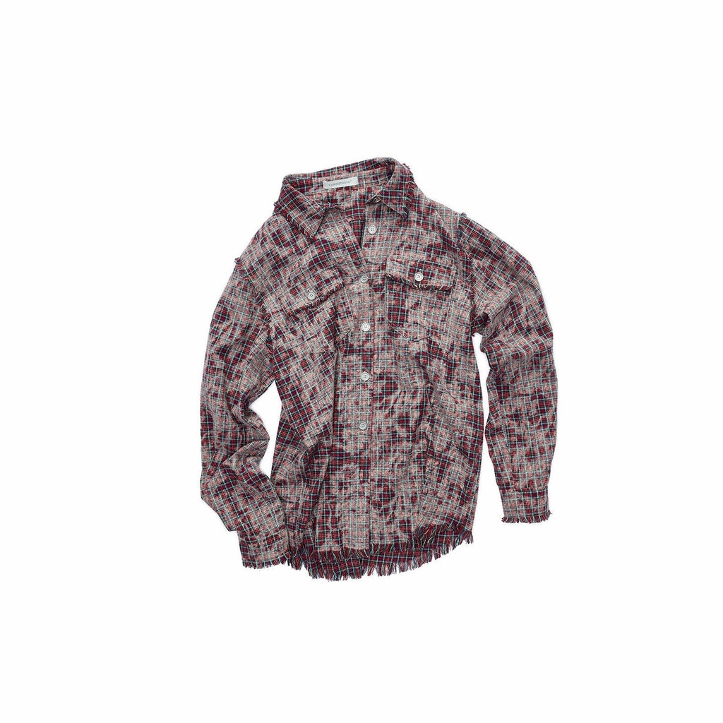 Distressed Frayed Plaid Slim Round Neck Drop Shoulder Women's Cotton Overshirts