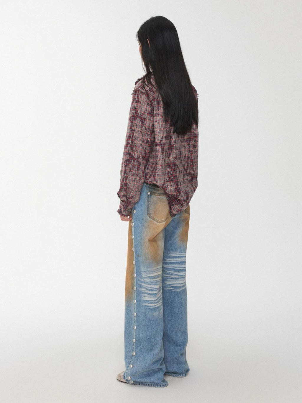 Distressed Frayed Plaid Slim Round Neck Drop Shoulder Women's Cotton Overshirts