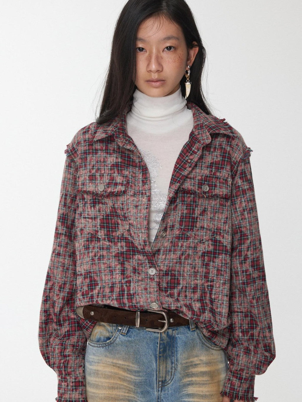 Distressed Frayed Plaid Slim Round Neck Drop Shoulder Women's Cotton Overshirts