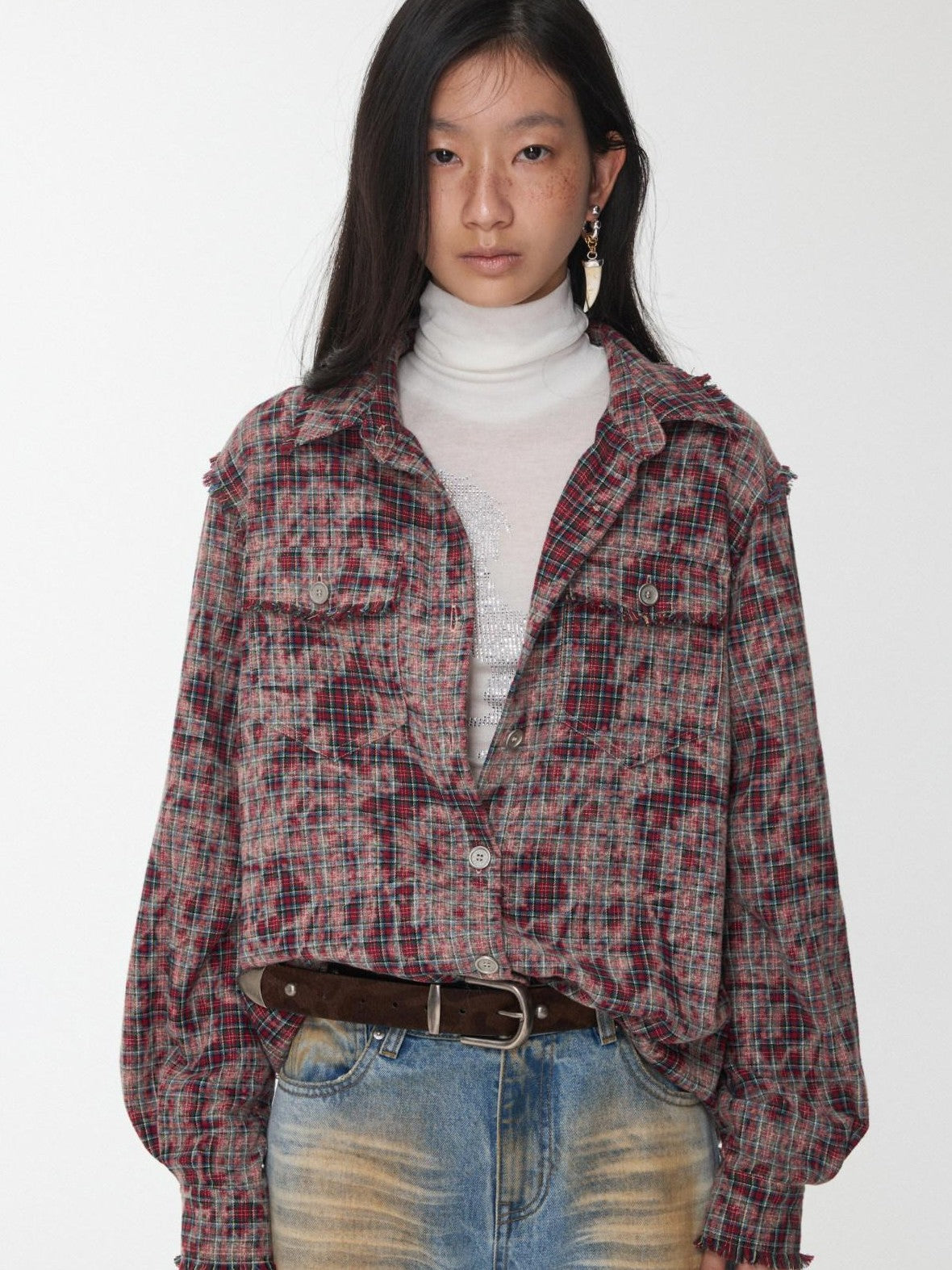 Distressed Frayed Plaid Slim Round Neck Drop Shoulder Women's Cotton Overshirts