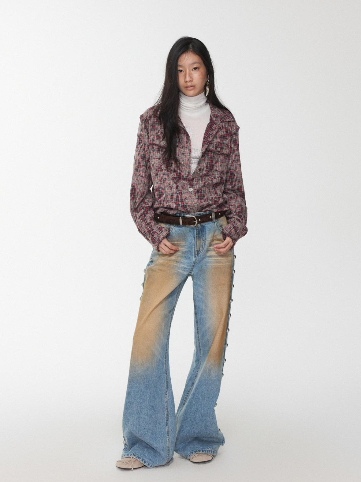 Distressed Frayed Plaid Slim Round Neck Drop Shoulder Women's Cotton Overshirts