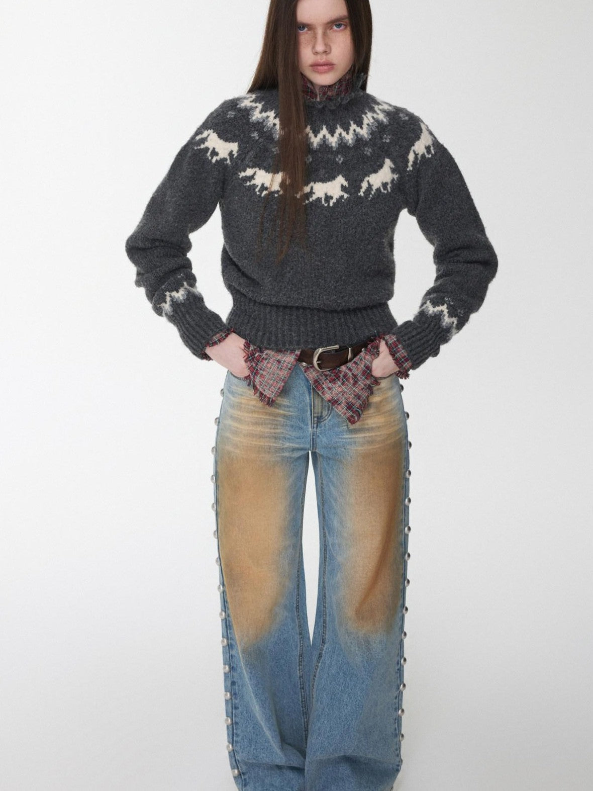 Distressed Frayed Plaid Slim Round Neck Drop Shoulder Women's Cotton Overshirts