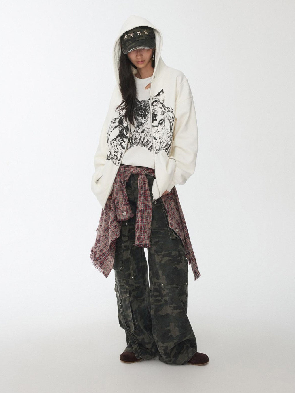 Distressed Frayed Plaid Slim Round Neck Drop Shoulder Women's Cotton Overshirts