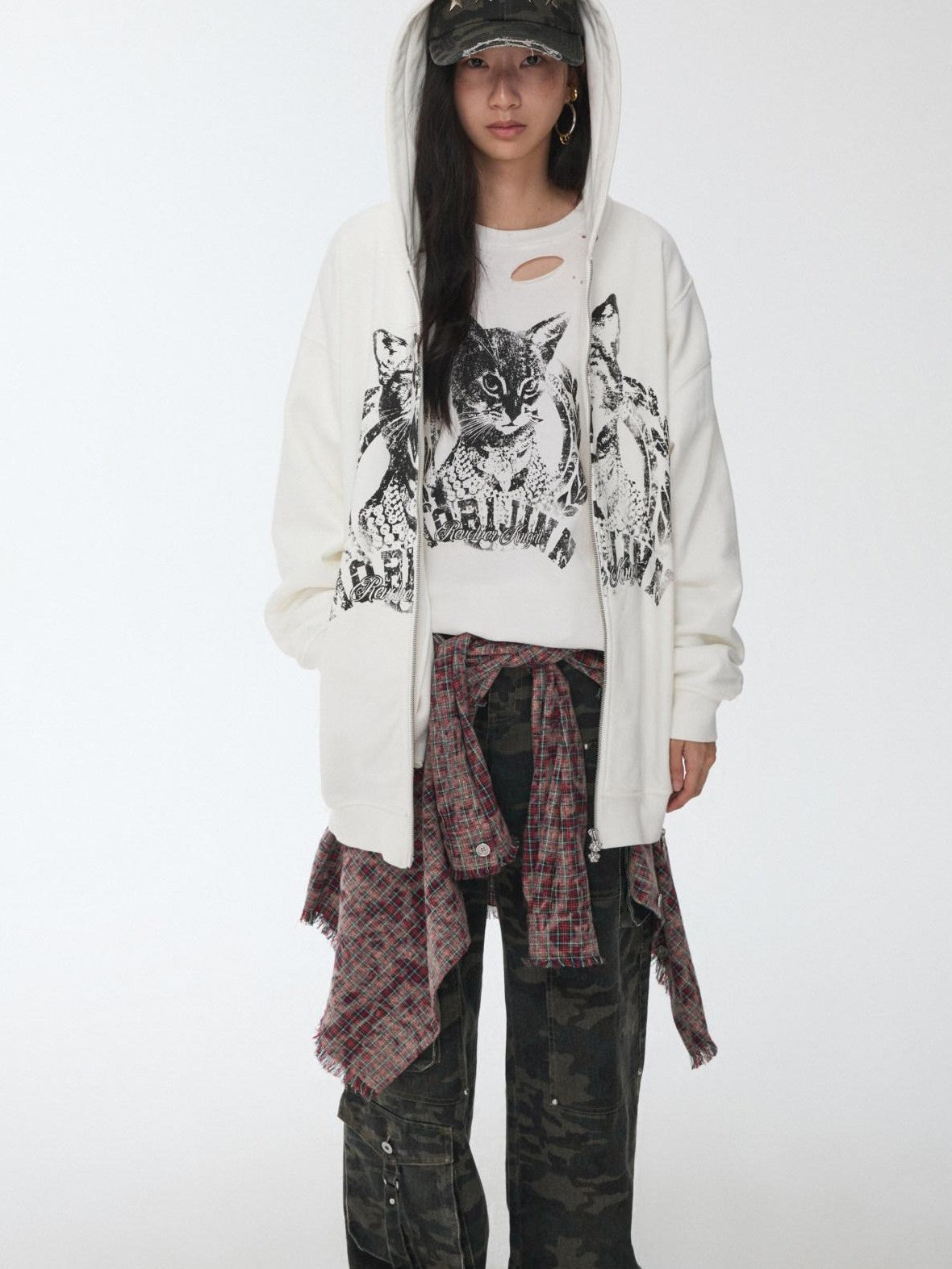 Distressed Frayed Plaid Slim Round Neck Drop Shoulder Women's Cotton Overshirts
