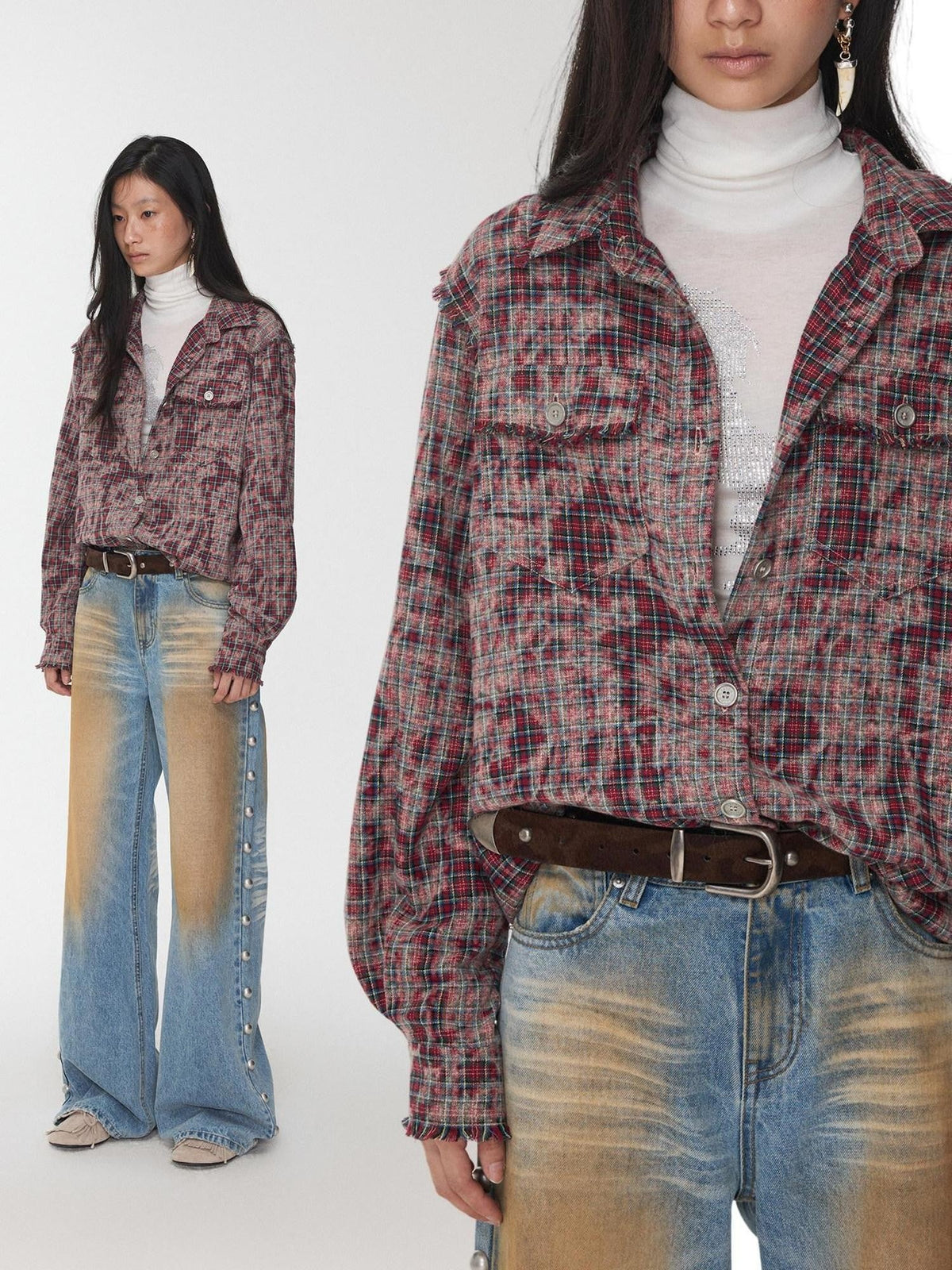 Distressed Frayed Plaid Slim Round Neck Drop Shoulder Women's Cotton Overshirts