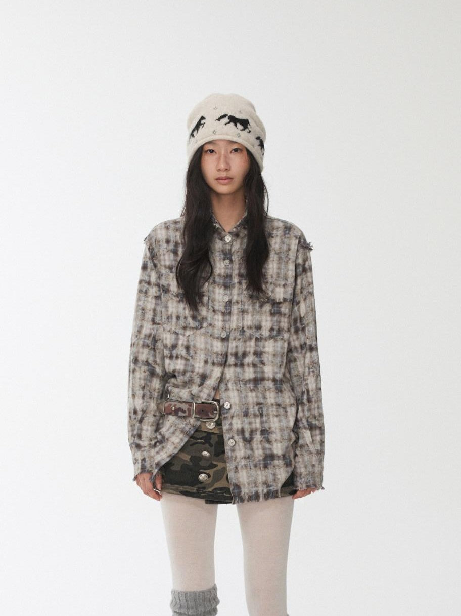 Distressed Frayed Plaid Slim Round Neck Drop Shoulder Women's Cotton Overshirts