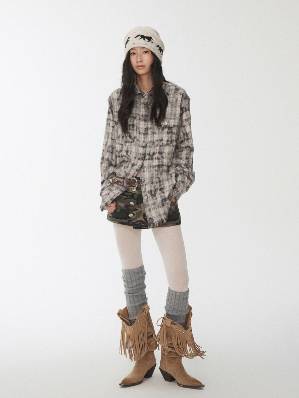 Distressed Frayed Plaid Slim Round Neck Drop Shoulder Women's Cotton Overshirts