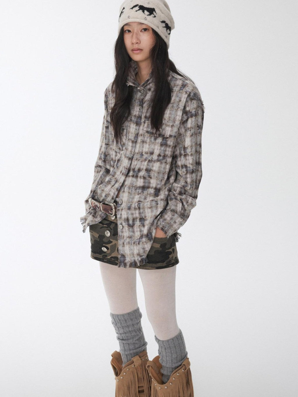 Distressed Frayed Plaid Slim Round Neck Drop Shoulder Women's Cotton Overshirts