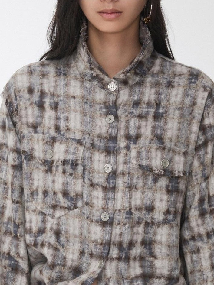 Distressed Frayed Plaid Slim Round Neck Drop Shoulder Women's Cotton Overshirts
