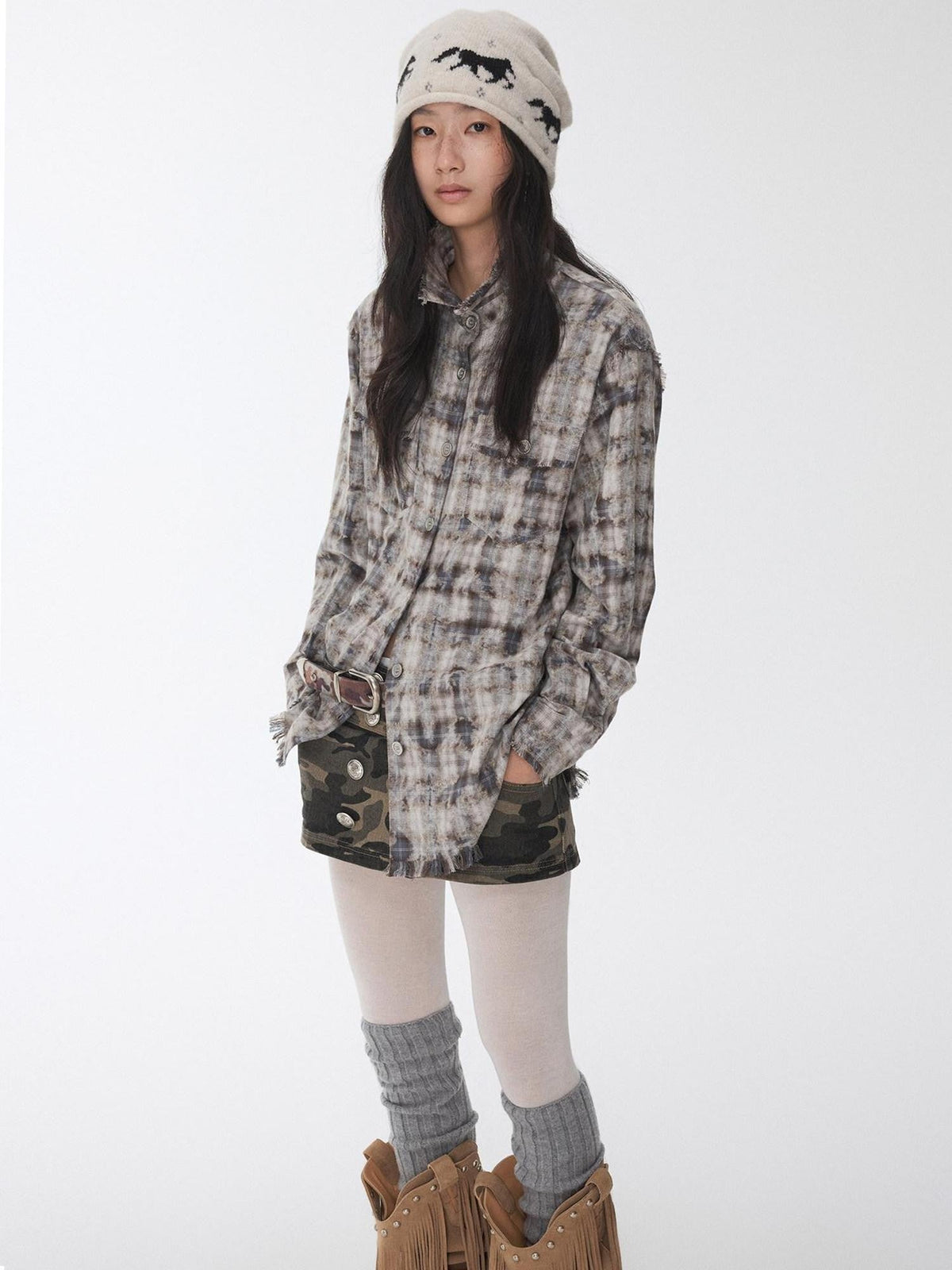 Distressed Frayed Plaid Slim Round Neck Drop Shoulder Women's Cotton Overshirts