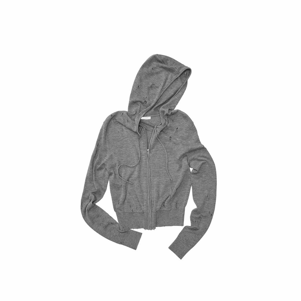 Distressed Holes Hooded Cropped Zipper Knit Women's Acetate Cashmere Cardigans