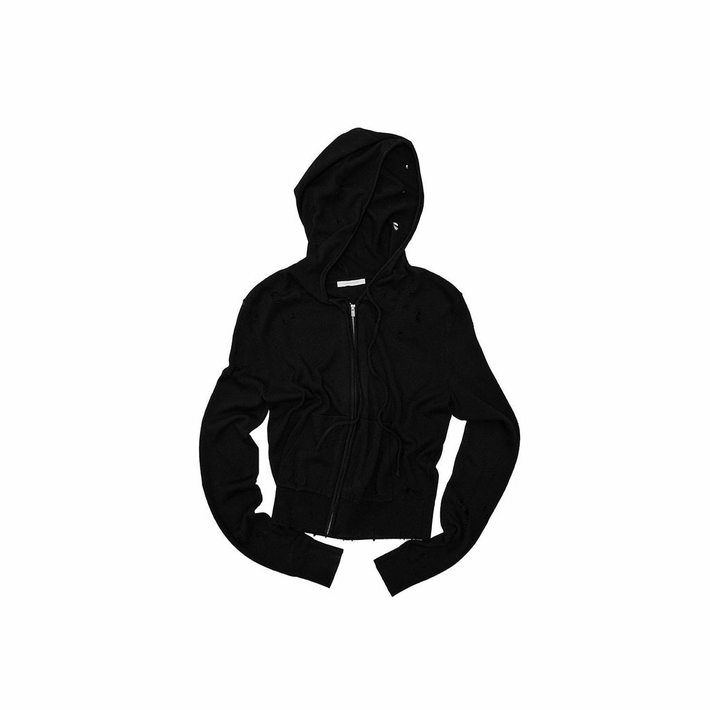 Distressed Holes Hooded Cropped Zipper Knit Women's Acetate Cashmere Cardigans