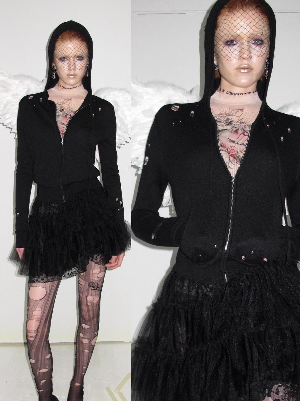 Distressed Holes Hooded Cropped Zipper Knit Women's Acetate Cashmere Cardigans