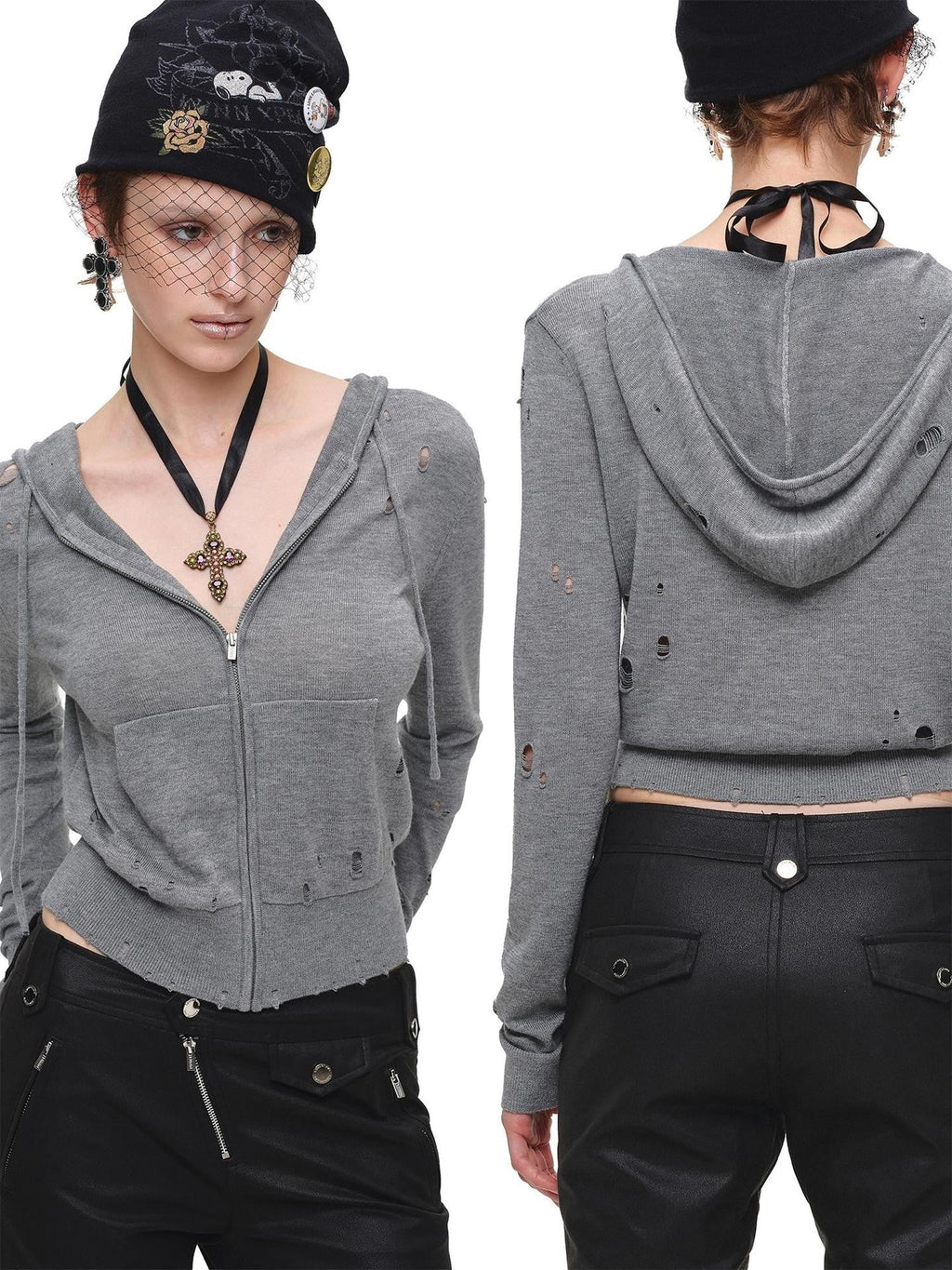 Distressed Holes Hooded Cropped Zipper Knit Women's Acetate Cashmere Cardigans