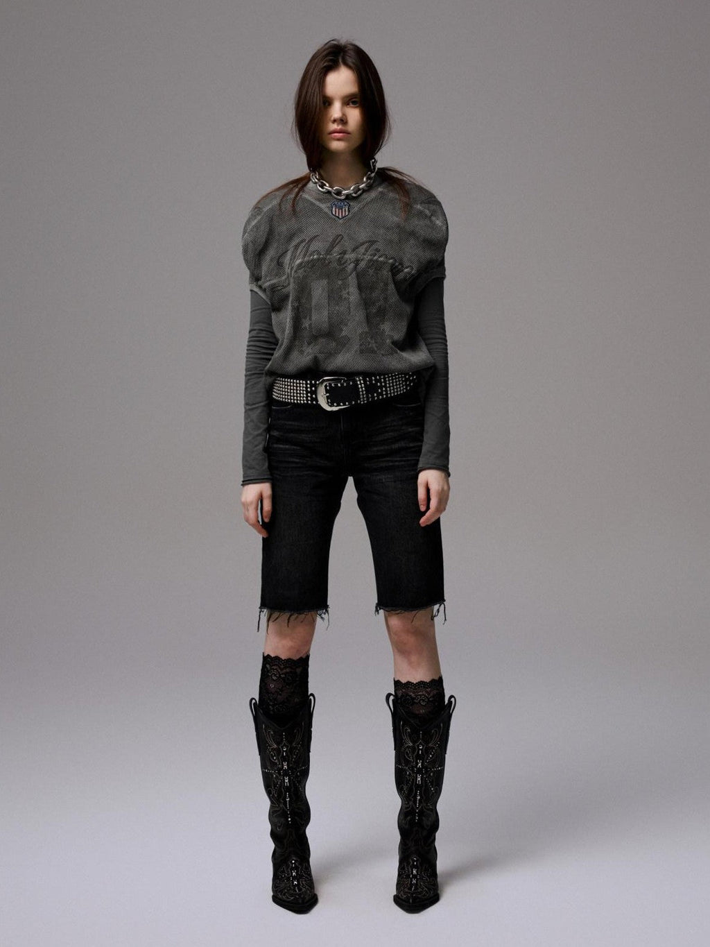 Distressed Print V-neck Colorblock Badge Rugby Women's Oversized T-shirts