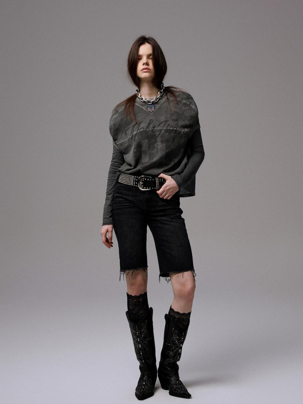 Distressed Print V-neck Colorblock Badge Rugby Women's Oversized T-shirts