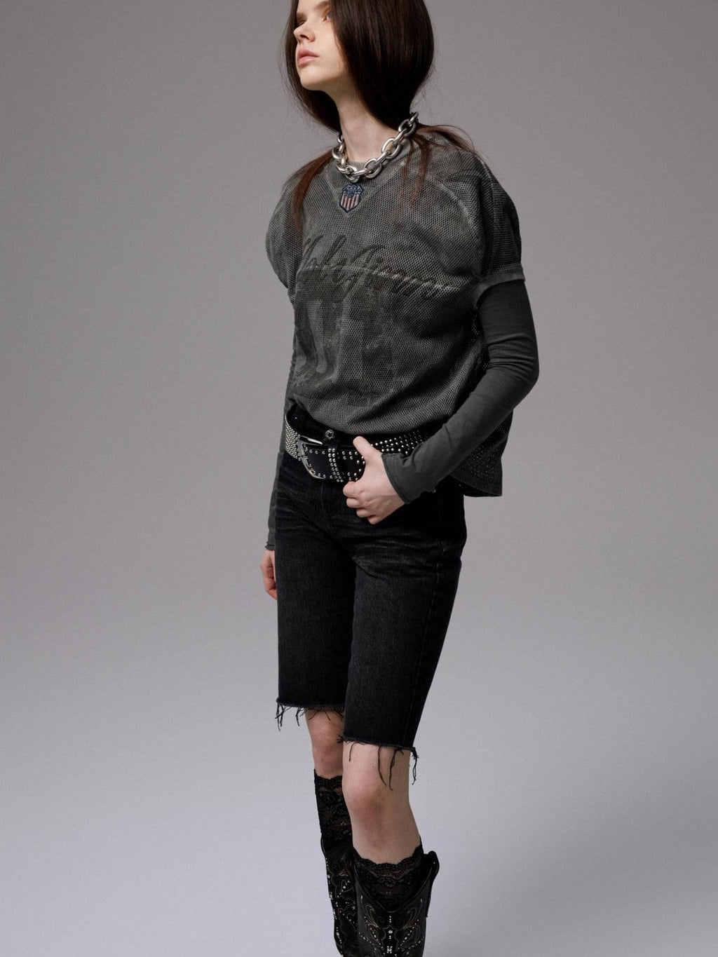 Distressed Print V-neck Colorblock Badge Rugby Women's Oversized T-shirts