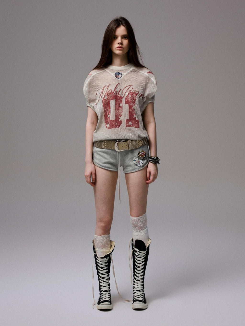 Distressed Print V-neck Colorblock Badge Rugby Women's Oversized T-shirts