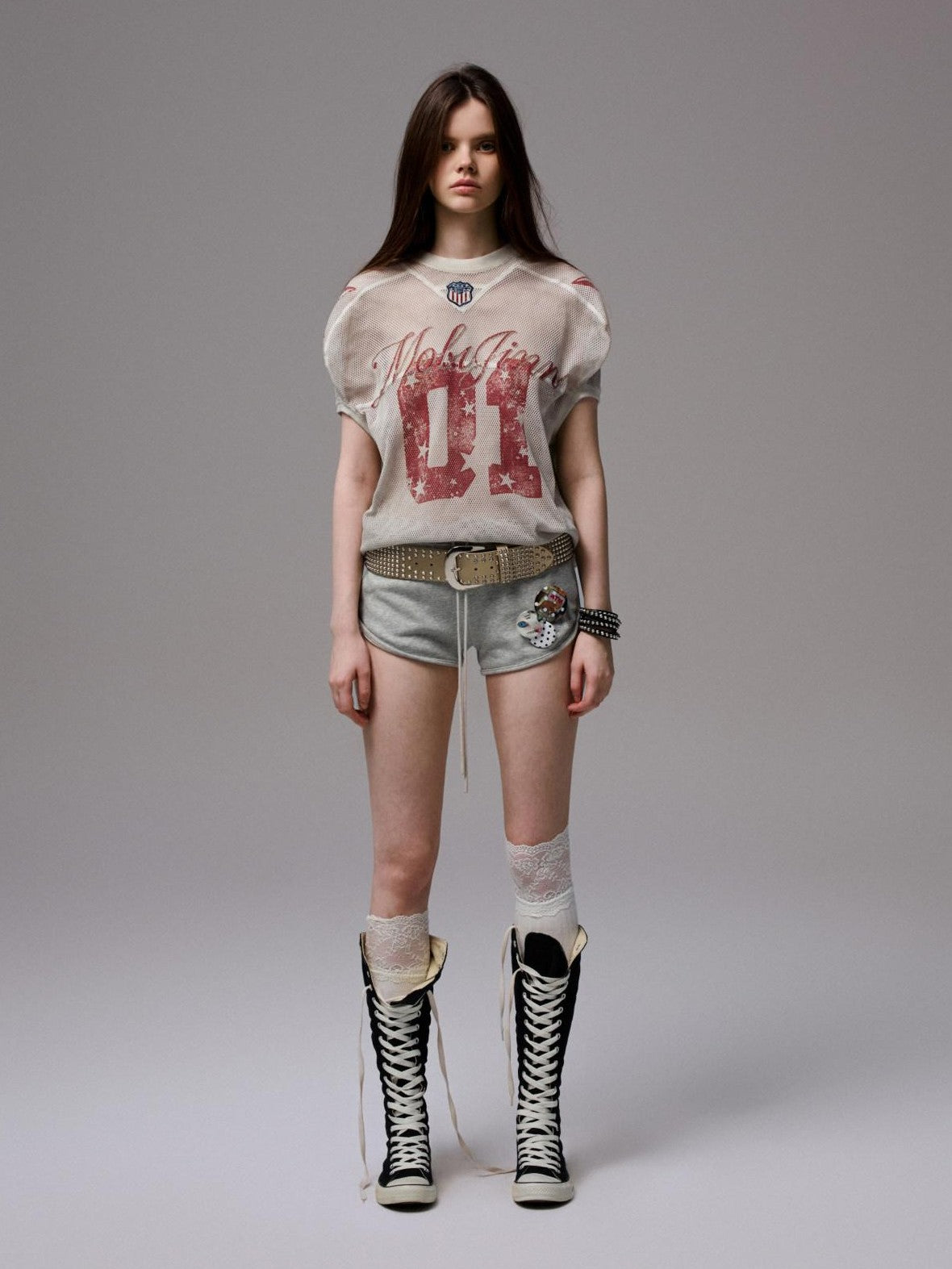 Distressed Print V-neck Colorblock Badge Rugby Women's Oversized T-shirts