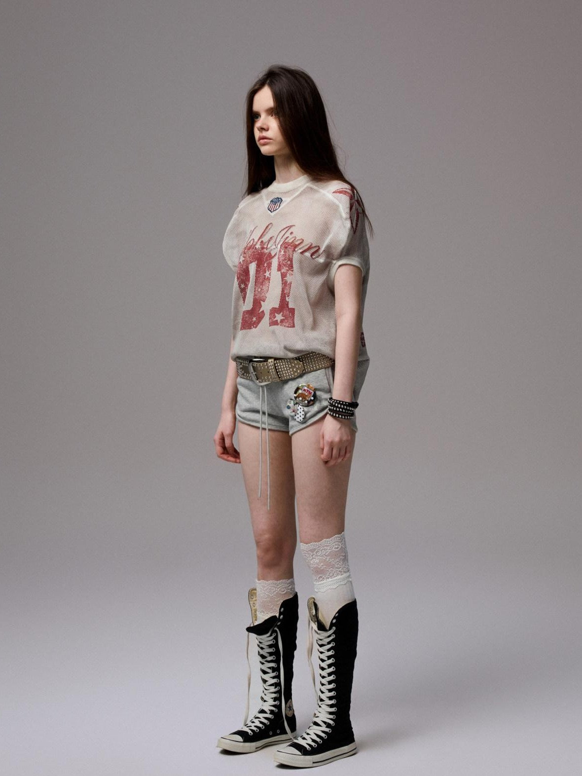 Distressed Print V-neck Colorblock Badge Rugby Women's Oversized T-shirts