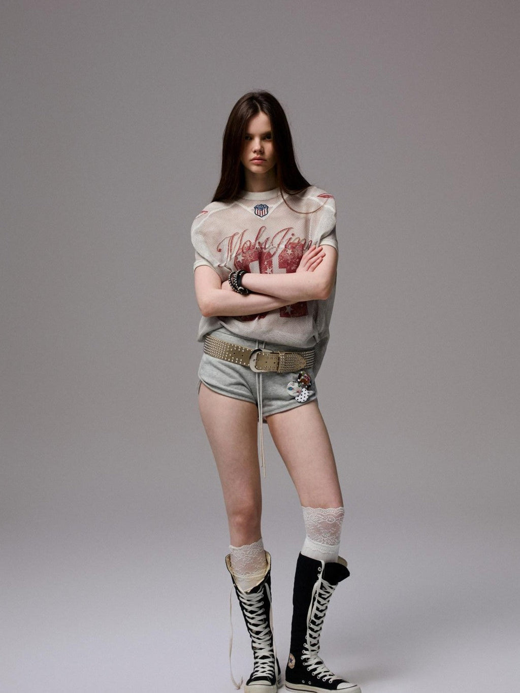 Distressed Print V-neck Colorblock Badge Rugby Women's Oversized T-shirts