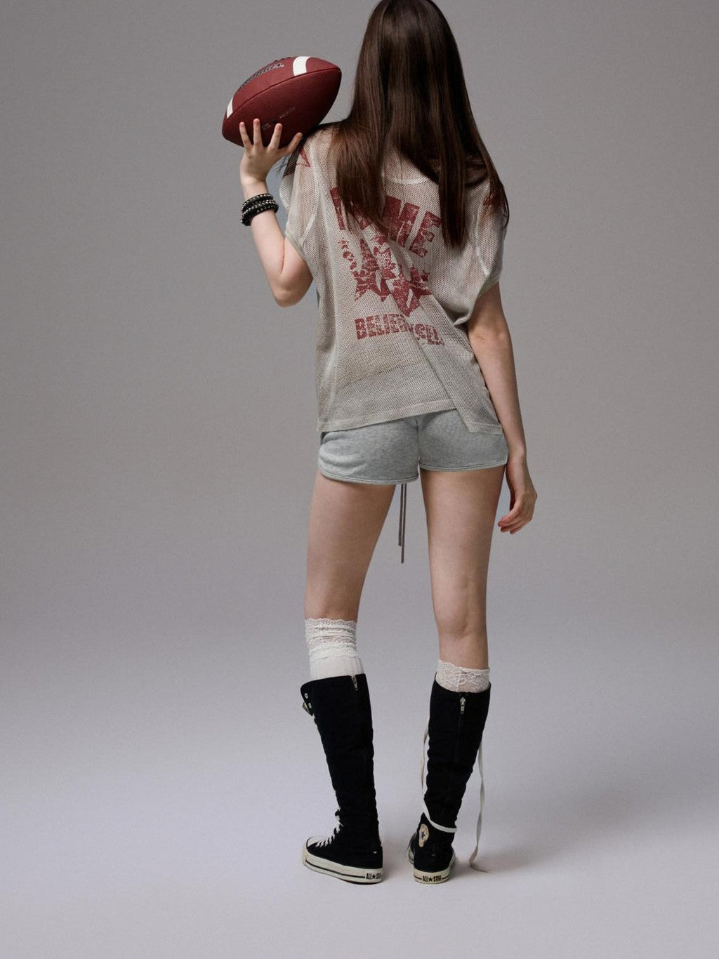Distressed Print V-neck Colorblock Badge Rugby Women's Oversized T-shirts