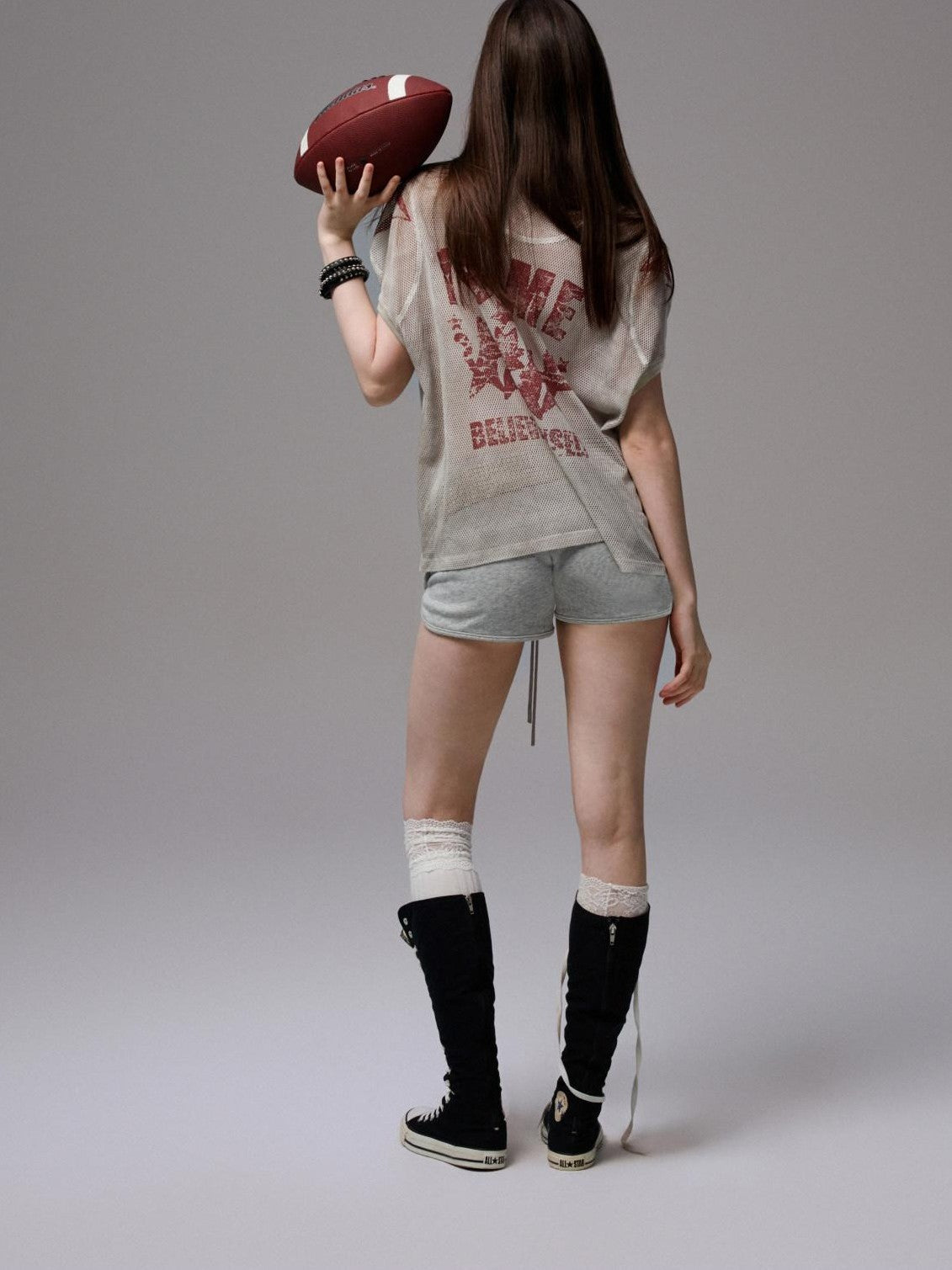 Distressed Print V-neck Colorblock Badge Rugby Women's Oversized T-shirts