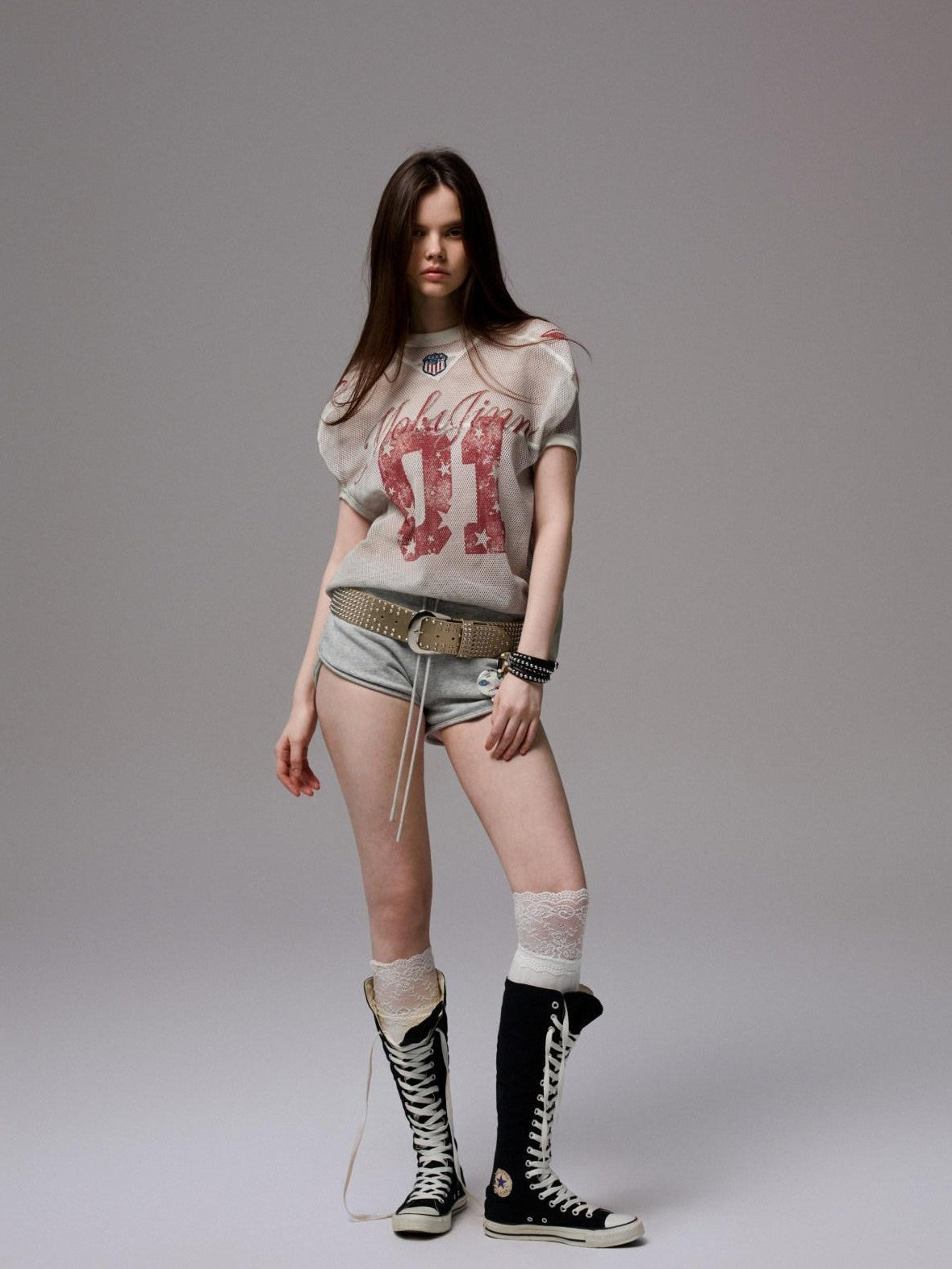 Distressed Print V-neck Colorblock Badge Rugby Women's Oversized T-shirts
