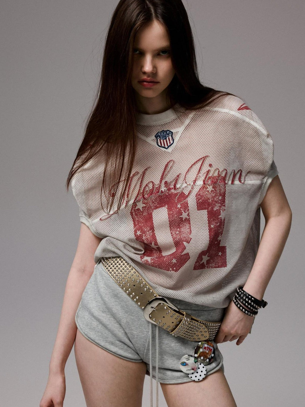 Distressed Print V-neck Colorblock Badge Rugby Women's Oversized T-shirts