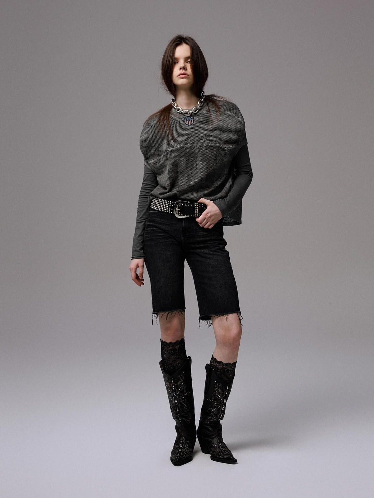 Distressed Print V-neck Colorblock Badge Rugby Women's Oversized T-shirts