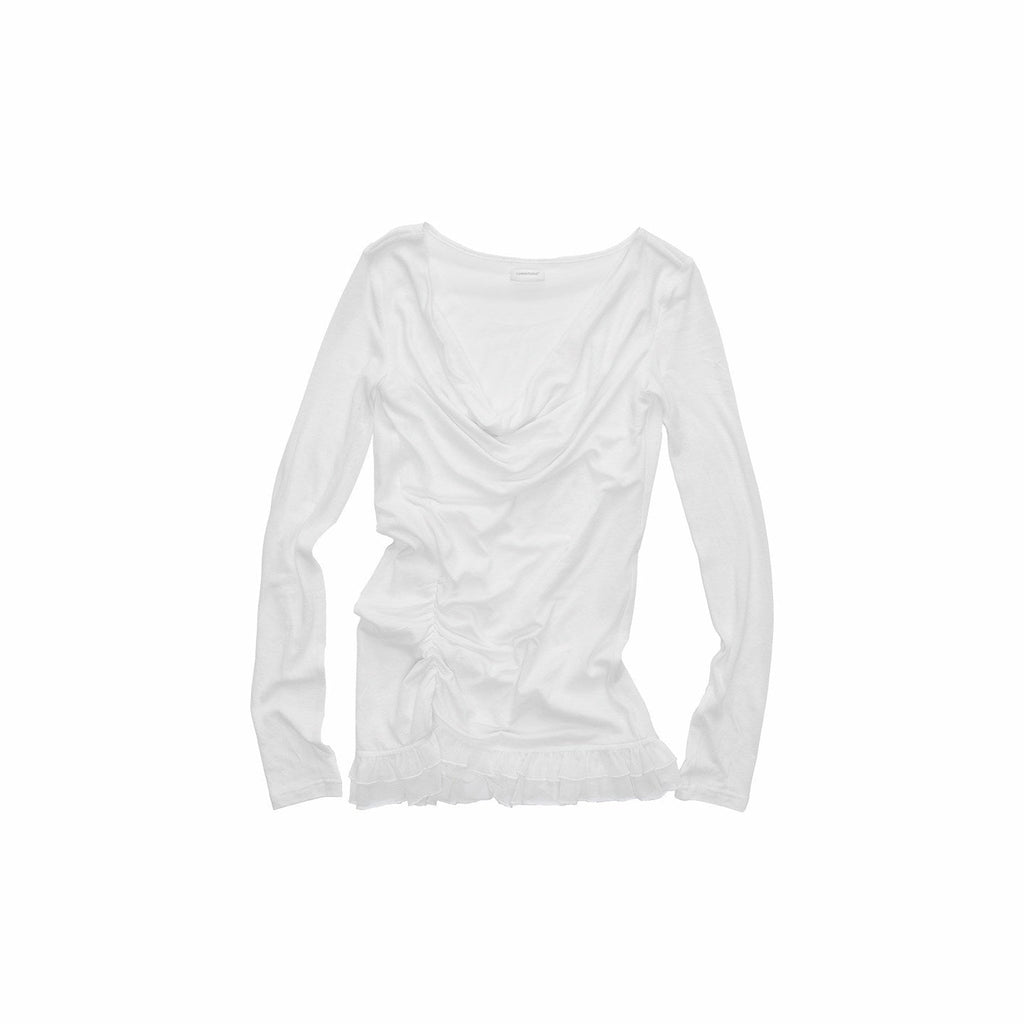 Drape Neck Double Layer Lace Side Ruching Women's Mesh Long Sleeve T-shirts