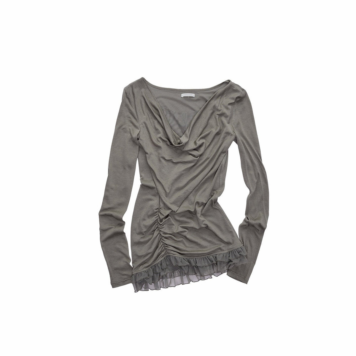 Drape Neck Double Layer Lace Side Ruching Women's Mesh Long Sleeve T-shirts