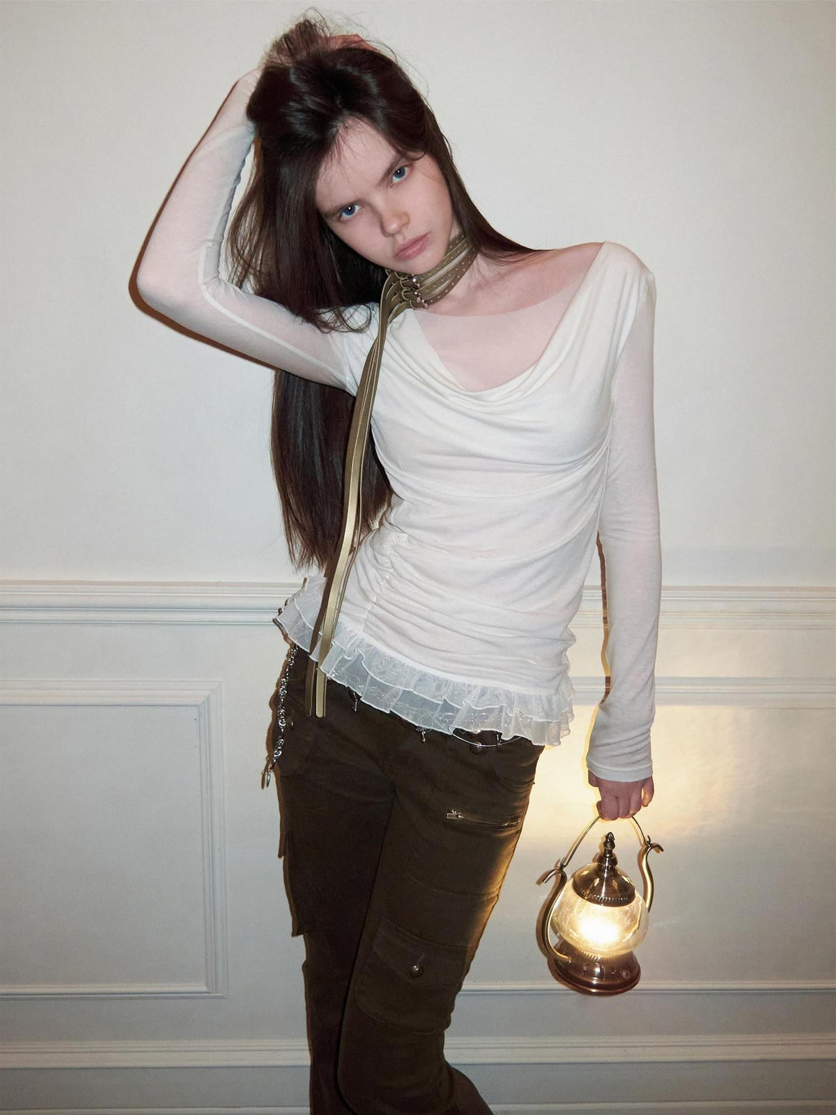 Drape Neck Double Layer Lace Side Ruching Women's Mesh Long Sleeve T-shirts