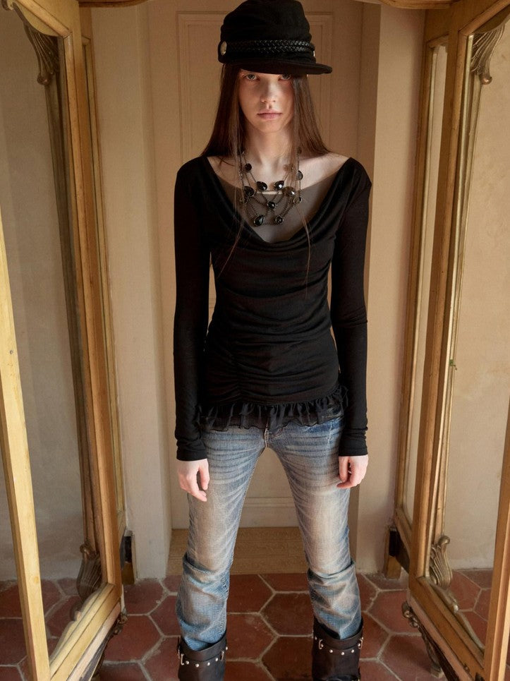 Drape Neck Double Layer Lace Side Ruching Women's Mesh Long Sleeve T-shirts