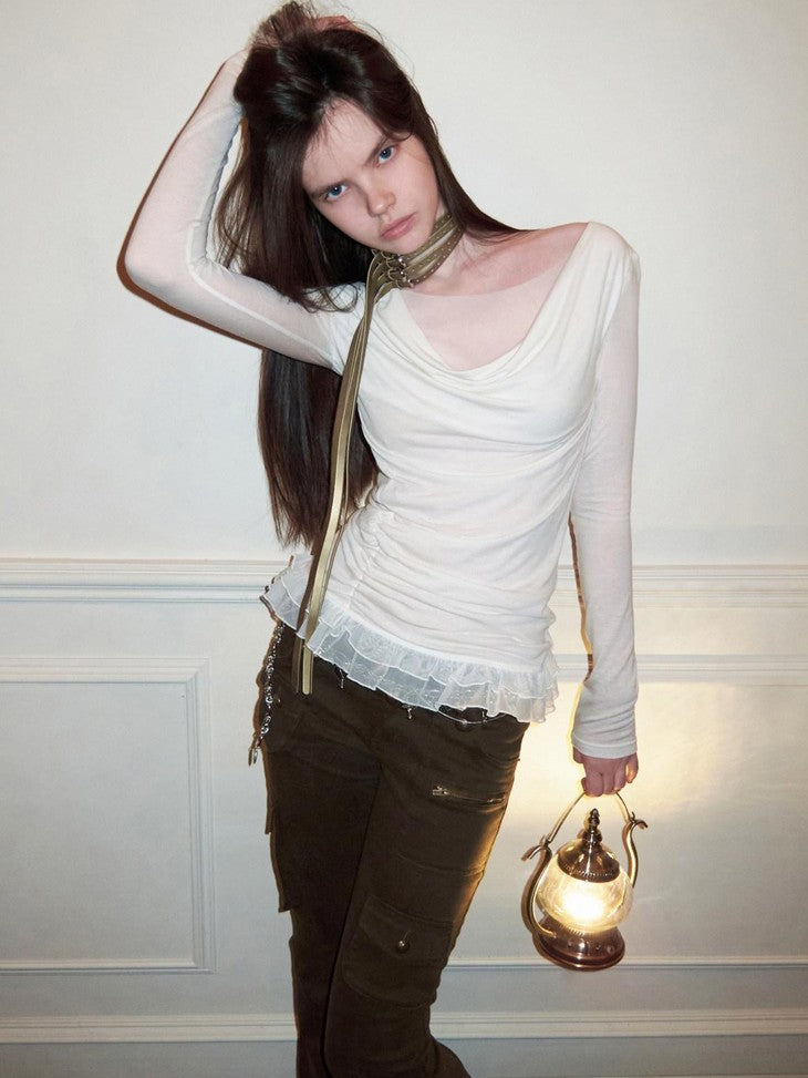 Drape Neck Double Layer Lace Side Ruching Women's Mesh Long Sleeve T-shirts