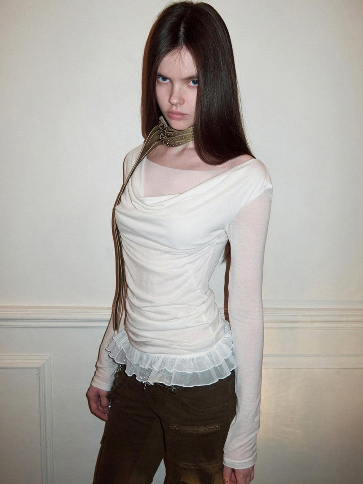 Drape Neck Double Layer Lace Side Ruching Women's Mesh Long Sleeve T-shirts