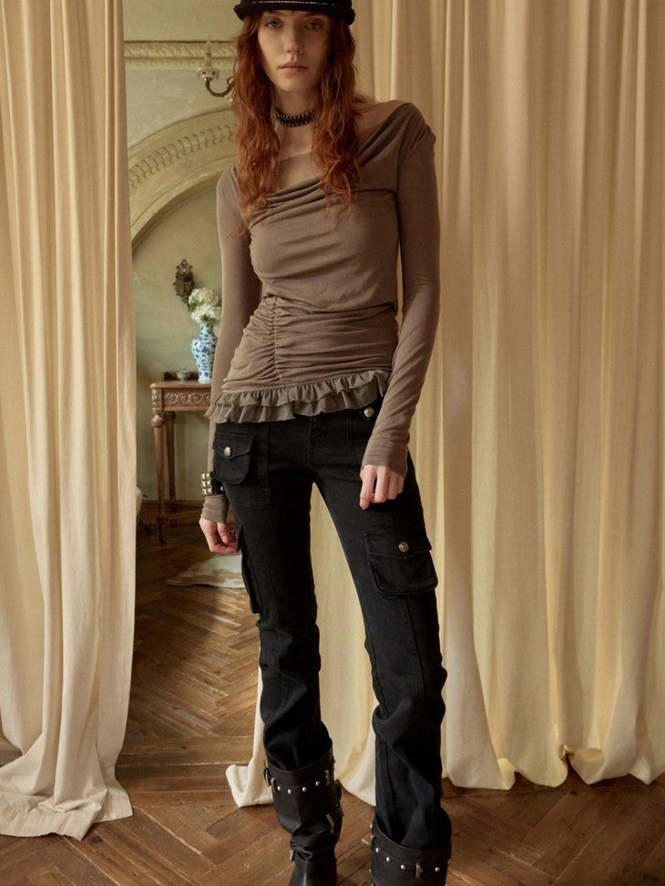 Drape Neck Double Layer Lace Side Ruching Women's Mesh Long Sleeve T-shirts
