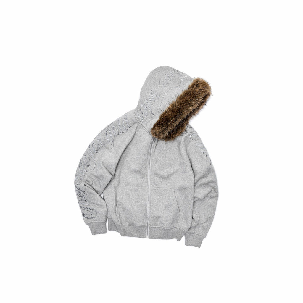 Faux Fur Collar Script Embroidered Women's Hooded Tracksuit Sets