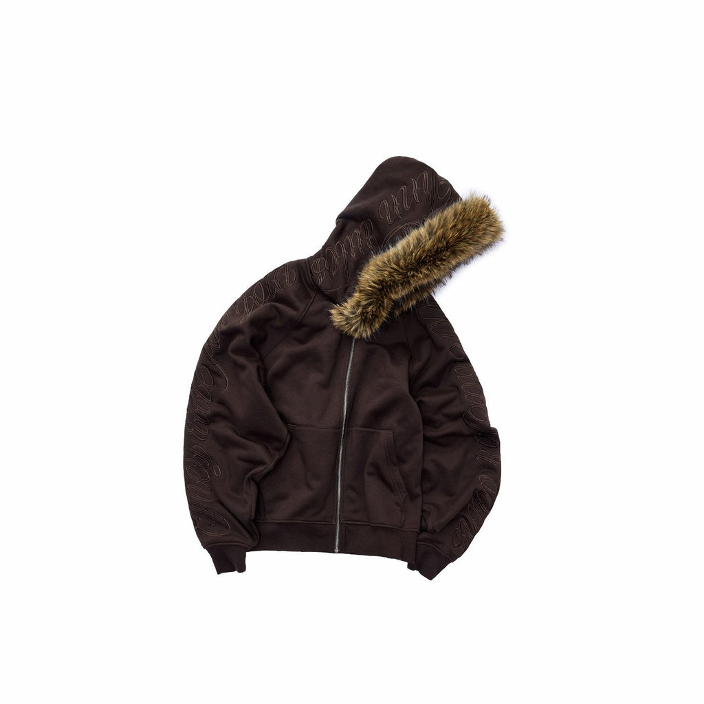 Faux Fur Collar Script Embroidered Women's Hooded Tracksuit Sets