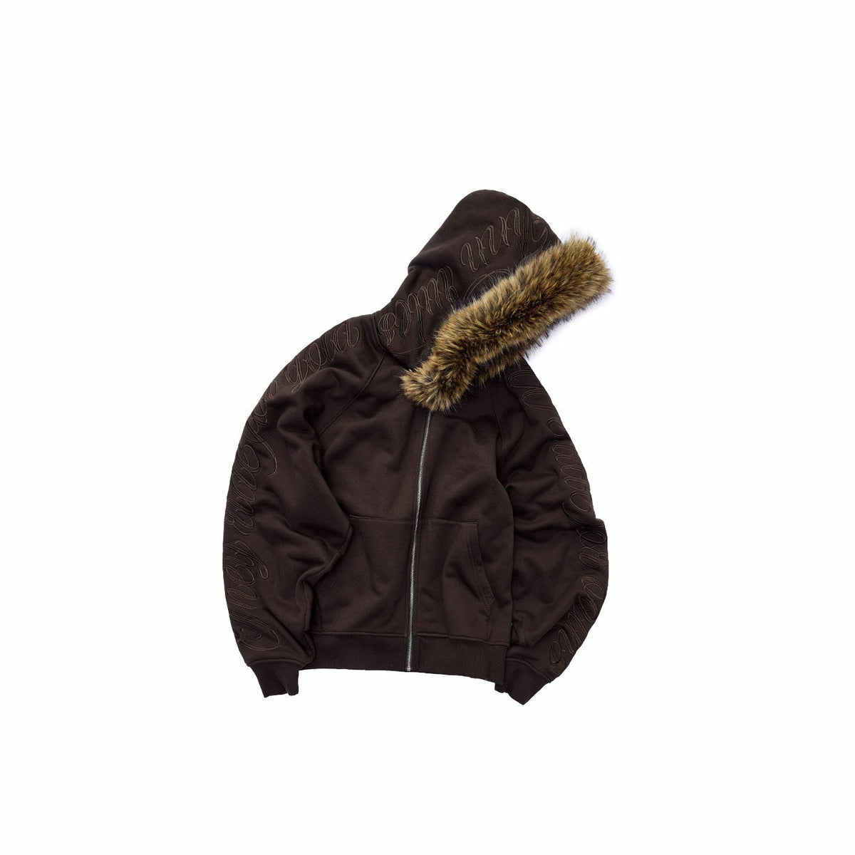 Faux Fur Collar Script Embroidered Women's Hooded Tracksuit Sets
