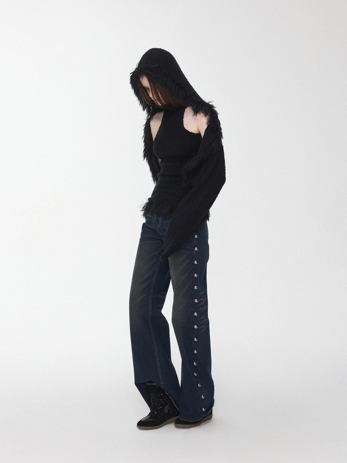 Faux Mink Fringe Hooded Horn Button Loose Women's Knit Turtleneck Sweaters