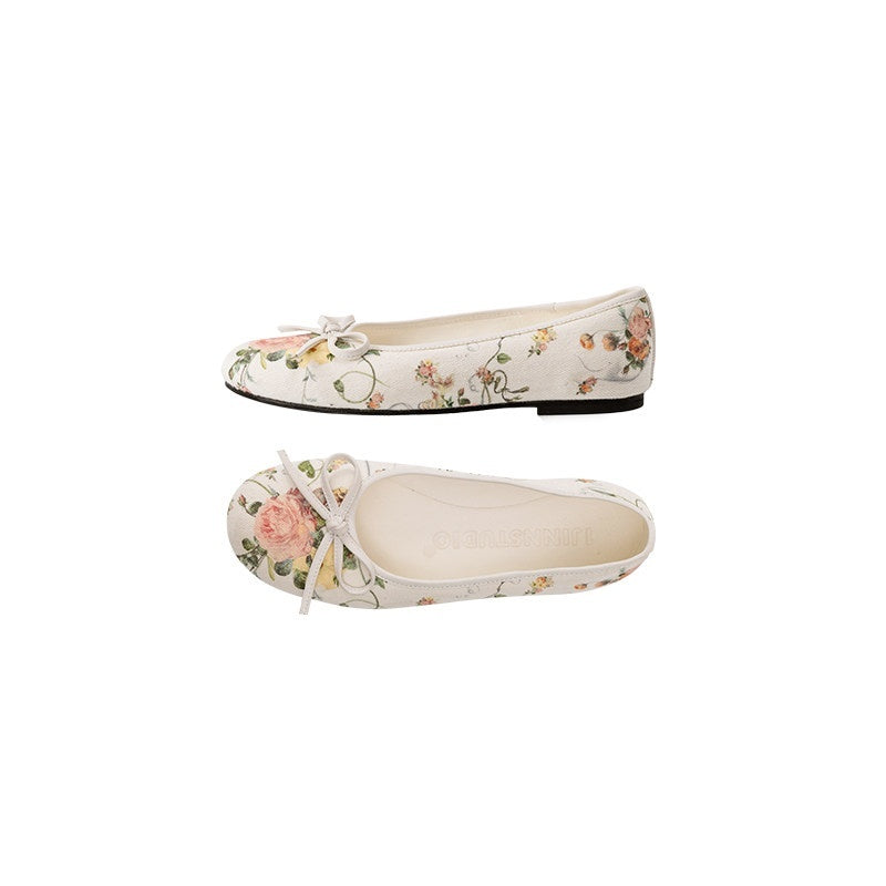 Floral 3d Bow Women's Canvas Lambskin Texture Microfiber Ballet Flats