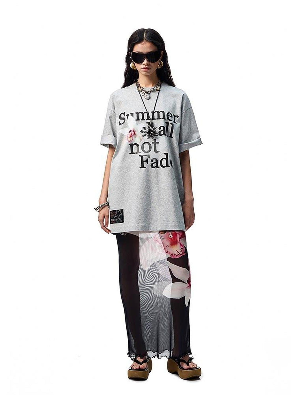 Floral Letter Print Rhinestone Drop Shoulder Loose Women's Oversized T-shirts