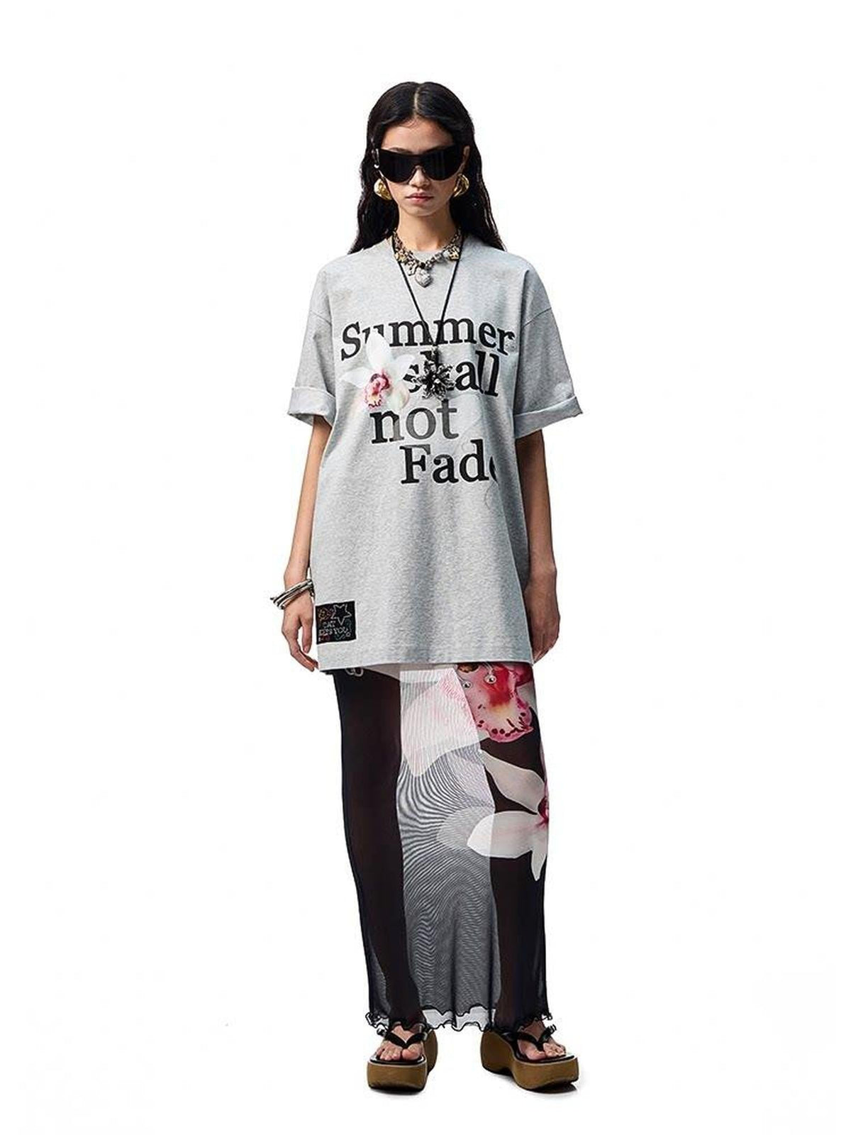Floral Letter Print Rhinestone Drop Shoulder Loose Women's Oversized T-shirts