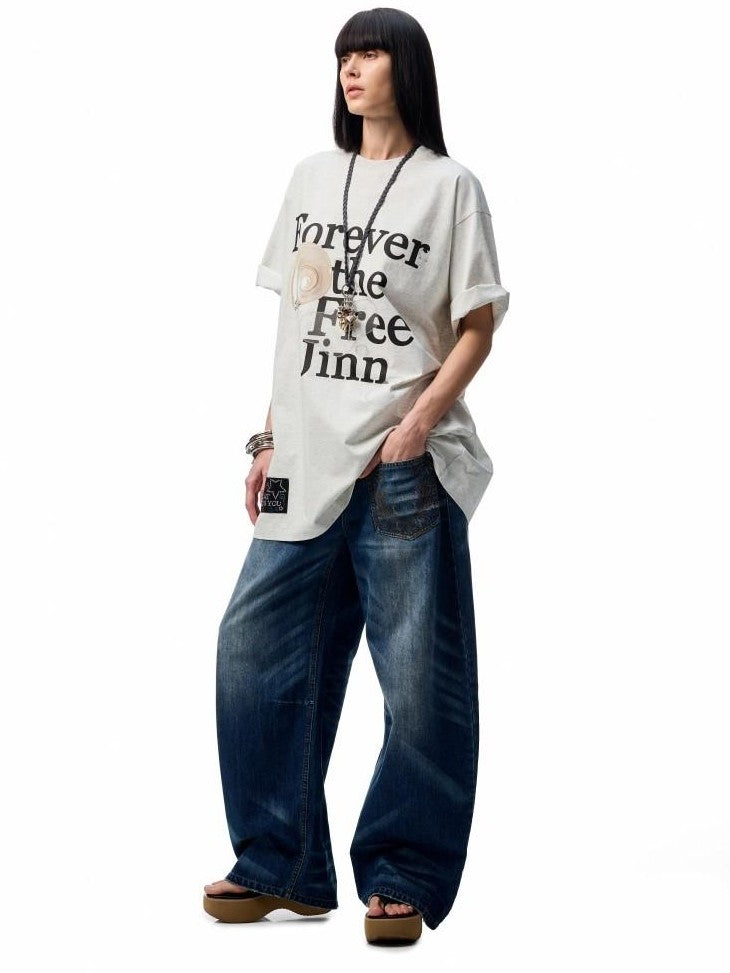 Floral Letter Print Rhinestone Drop Shoulder Loose Women's Oversized T-shirts